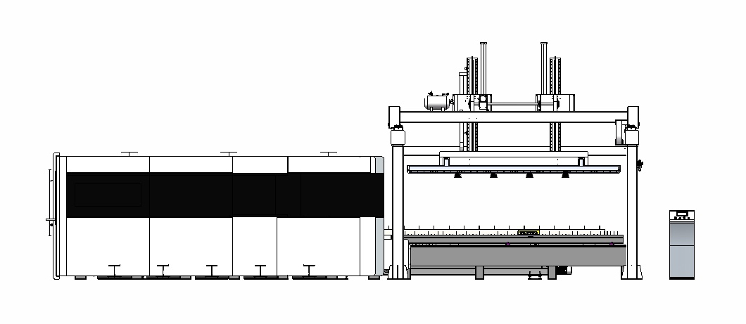 Fiber Laser Cutting Machine with Auto Sheet Loading  Rendering and dimensional drawing