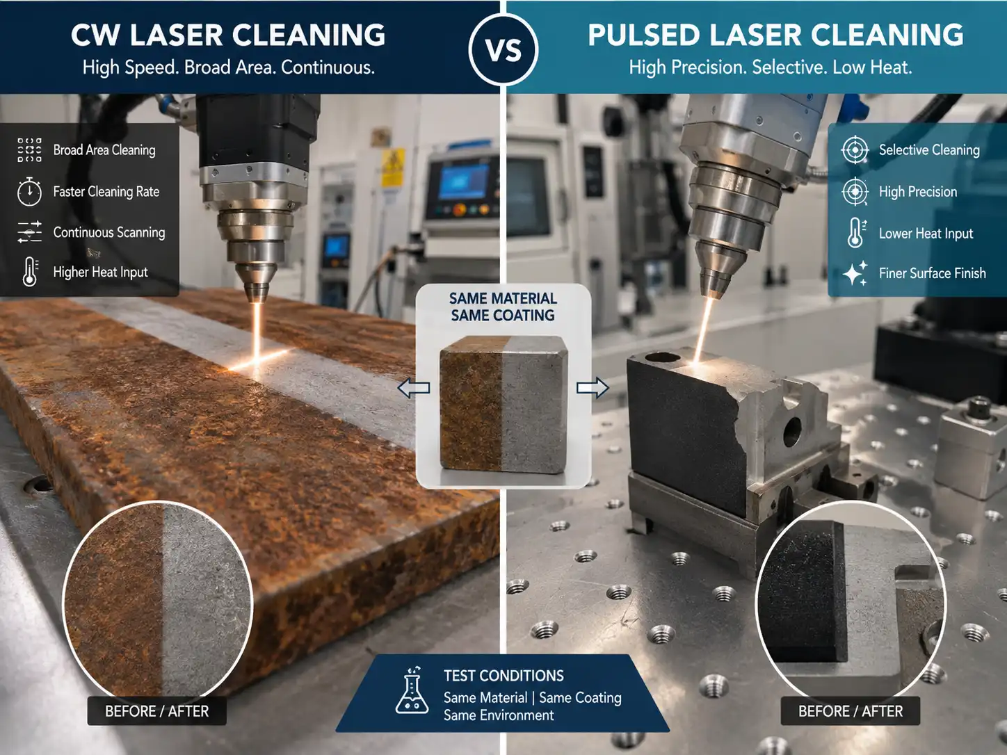 Confronto tra pulizia laser continua (CW) e pulsata (PW) su campioni metallici, che mostra velocità di pulizia, precisione, apporto termico e finitura superficiale.