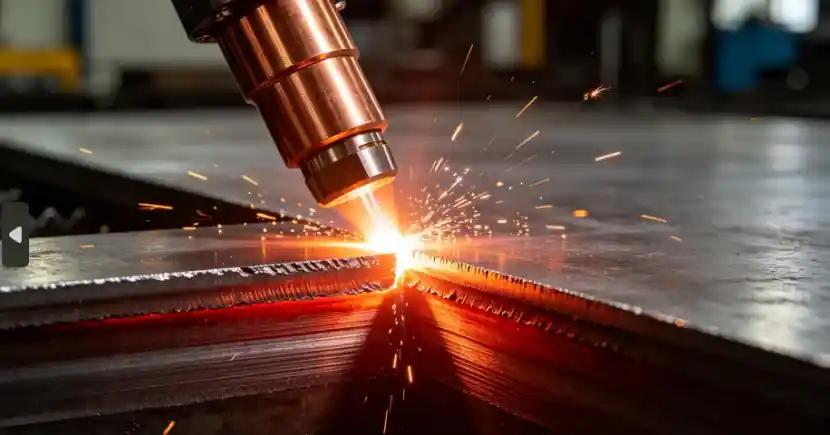 Close-up of a fiber laser nozzle cutting through a thick mild steel plate, demonstrating fiber laser cutting thickness