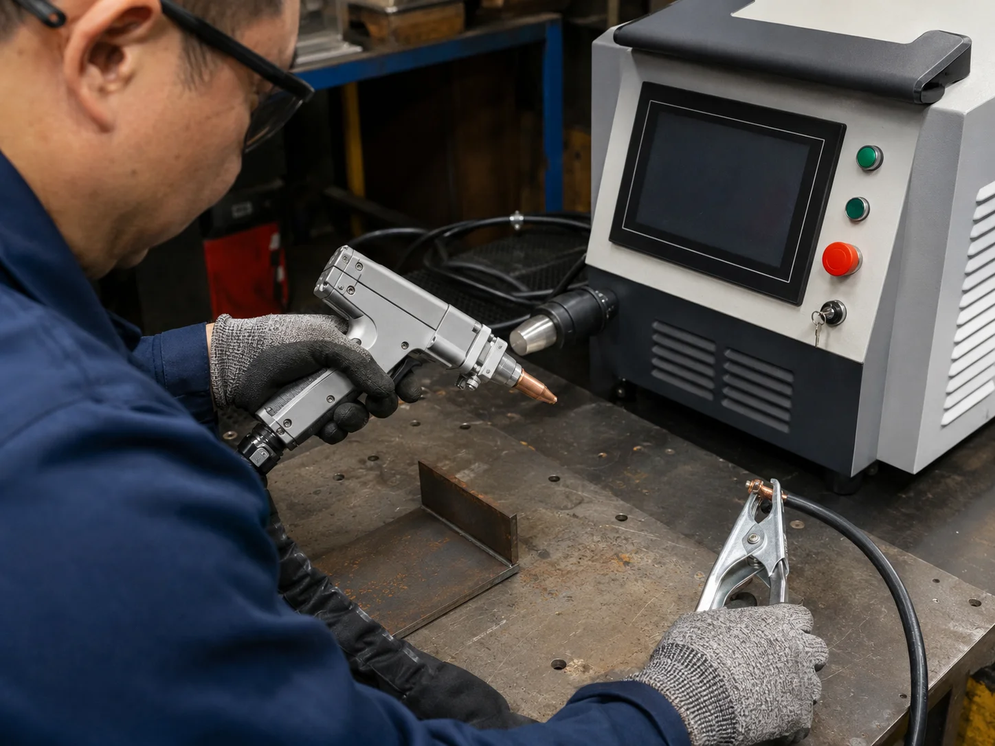 Close-up of a technician checking the welding gun, ground clamp, control panel, and workpiece on a laser welding machine with no laser output