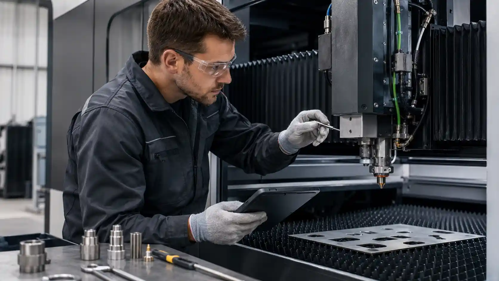 Fiber laser cutting machine technician checking the cutting head, nozzle and maintenance settings