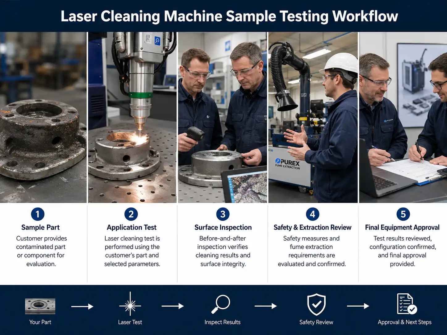 Flusso di lavoro per il collaudo di campioni di macchine per la pulizia laser, dal test di applicazione e ispezione della superficie alla revisione della sicurezza e all'approvazione finale dell'apparecchiatura.