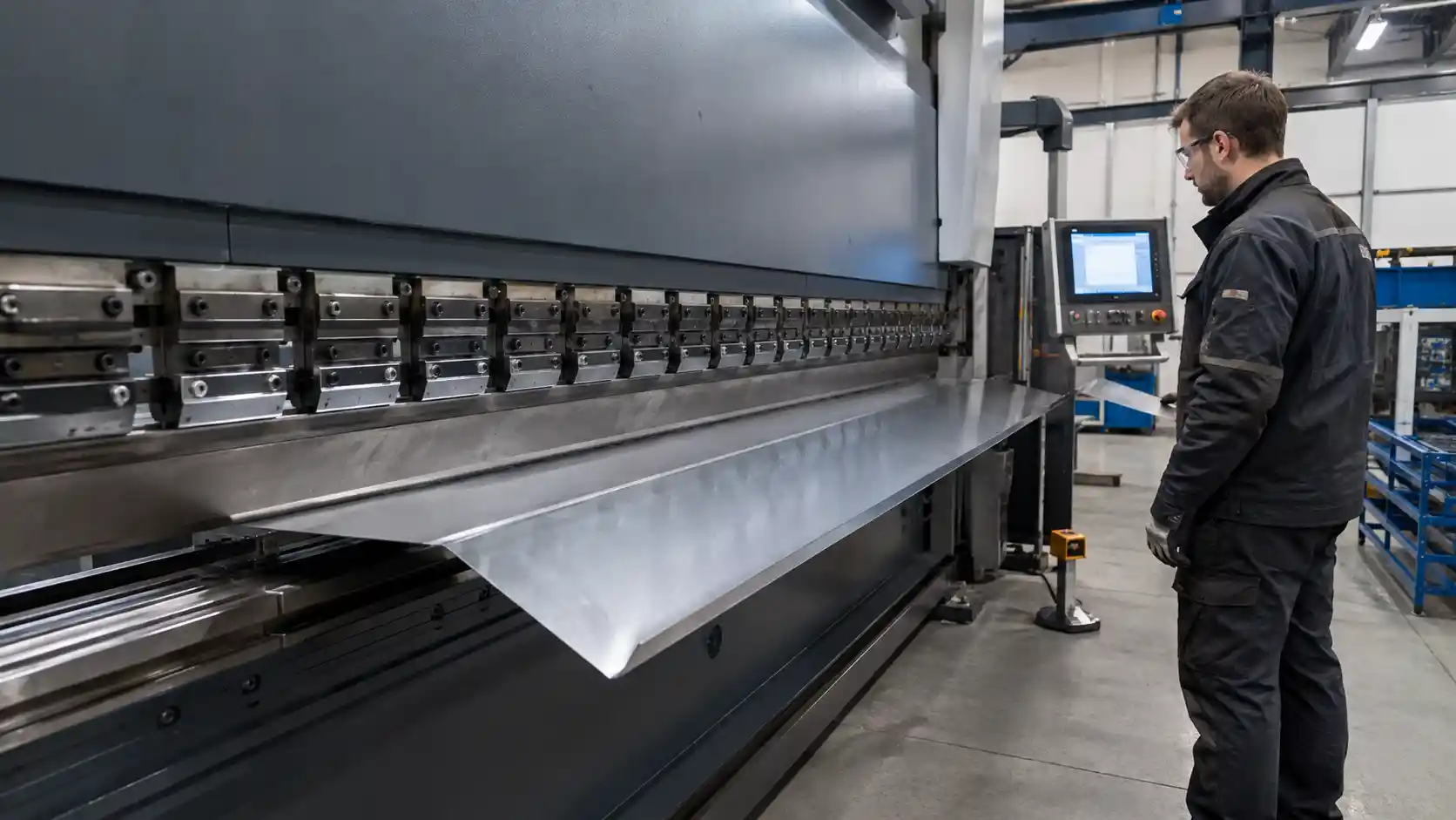 Operator monitoring a long sheet metal bend on a CNC press brake in a modern factory