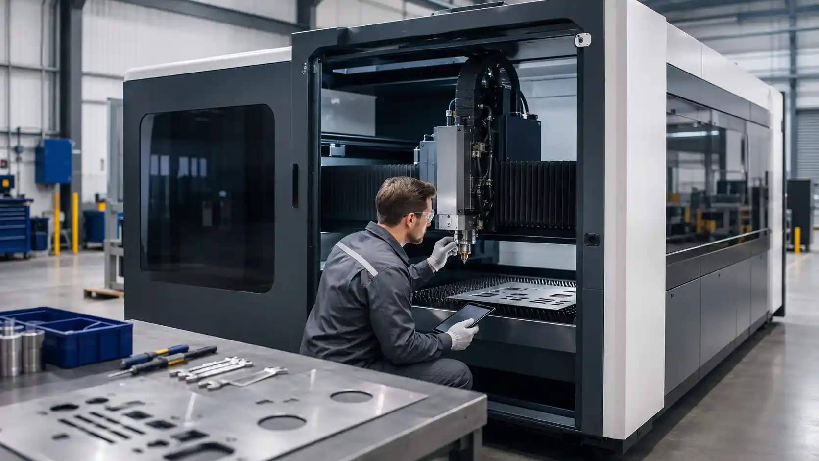 Technician inspecting a fiber laser cutting machine during routine preventive maintenance in a modern factory