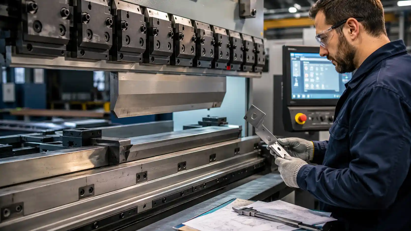Technician inspecting a formed metal part beside CNC press brake tooling and controls