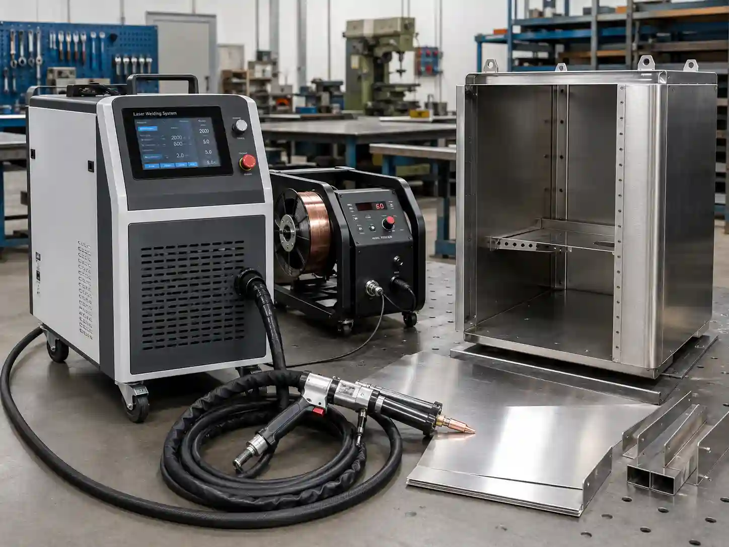 Handheld laser welding system with auto wire feeder in sheet metal fabrication shop