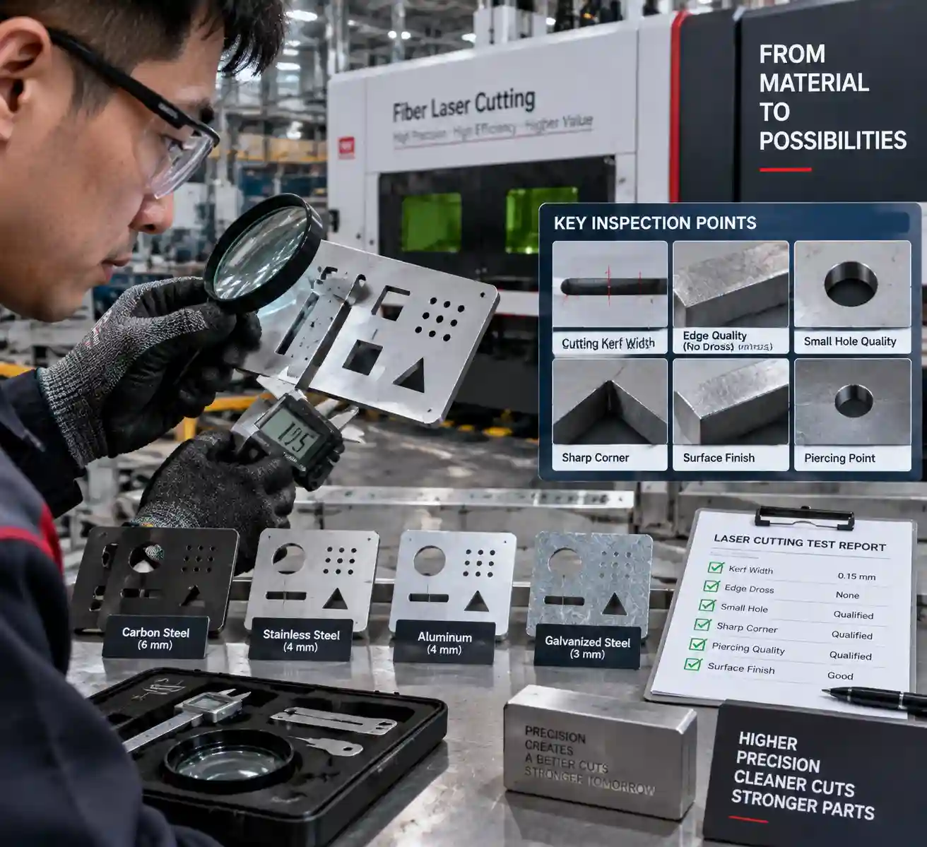 Laser cutting test coupon tuning and edge dross inspection on shop floo