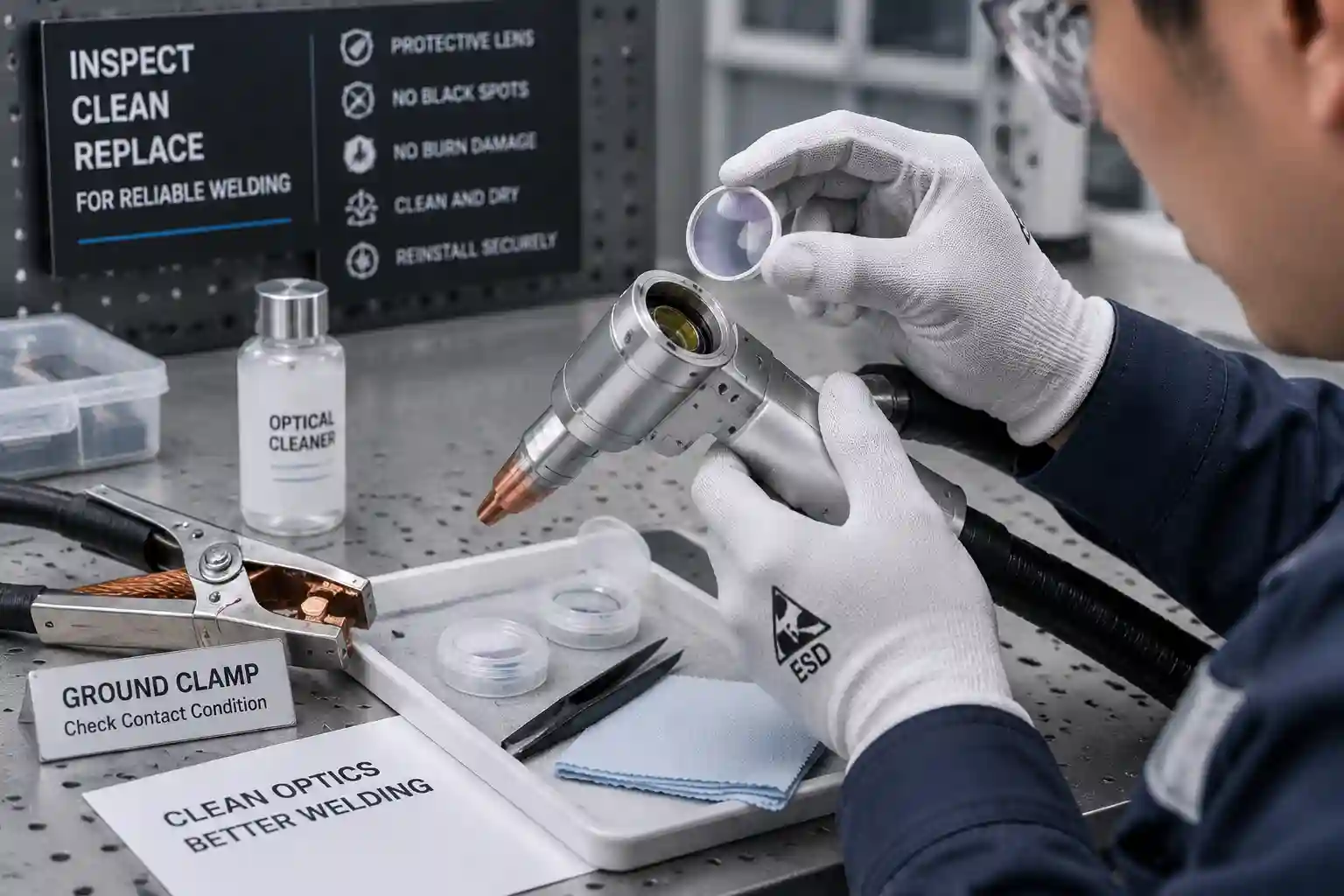 Operator inspecting laser welding protective lens and ground clamp connection