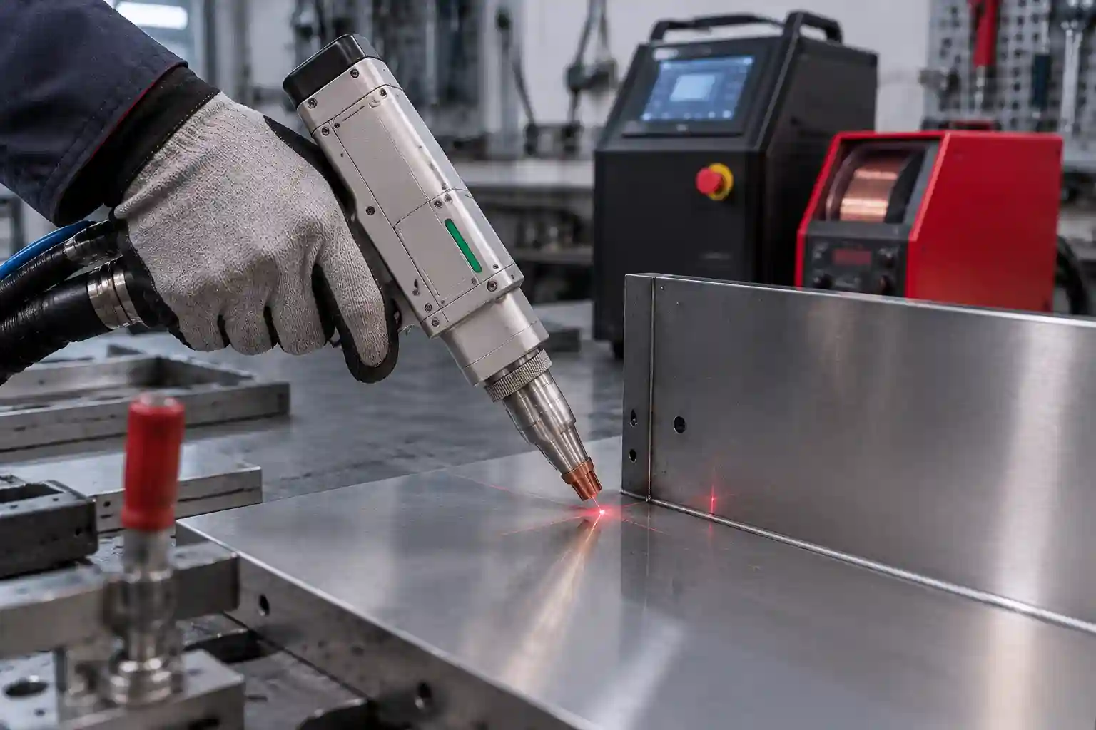 Red guide light aiming on metal sheet with no main laser welding output